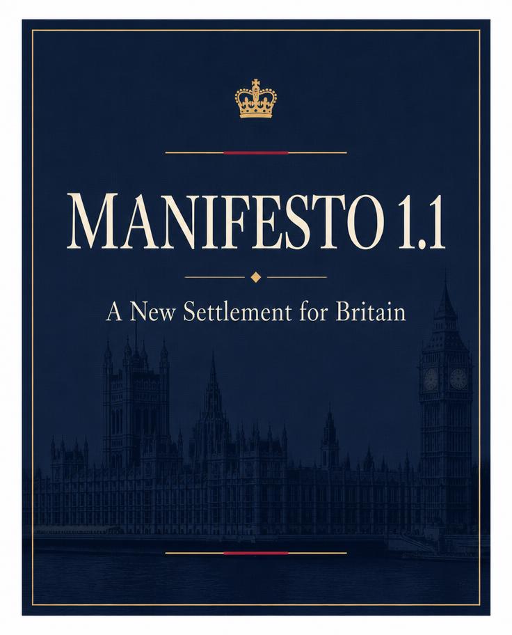 Navy typographic cover tile for Manifesto 1.1: A New Settlement for Britain