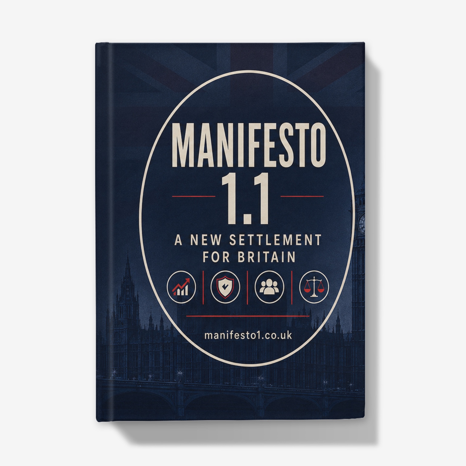 Manifesto 1.1 plain-paper hardback notebook with navy cover and gold lettering