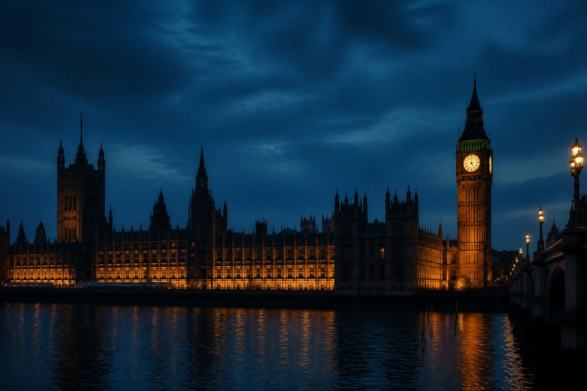The Palace of Westminster at dusk seen across the River Thames